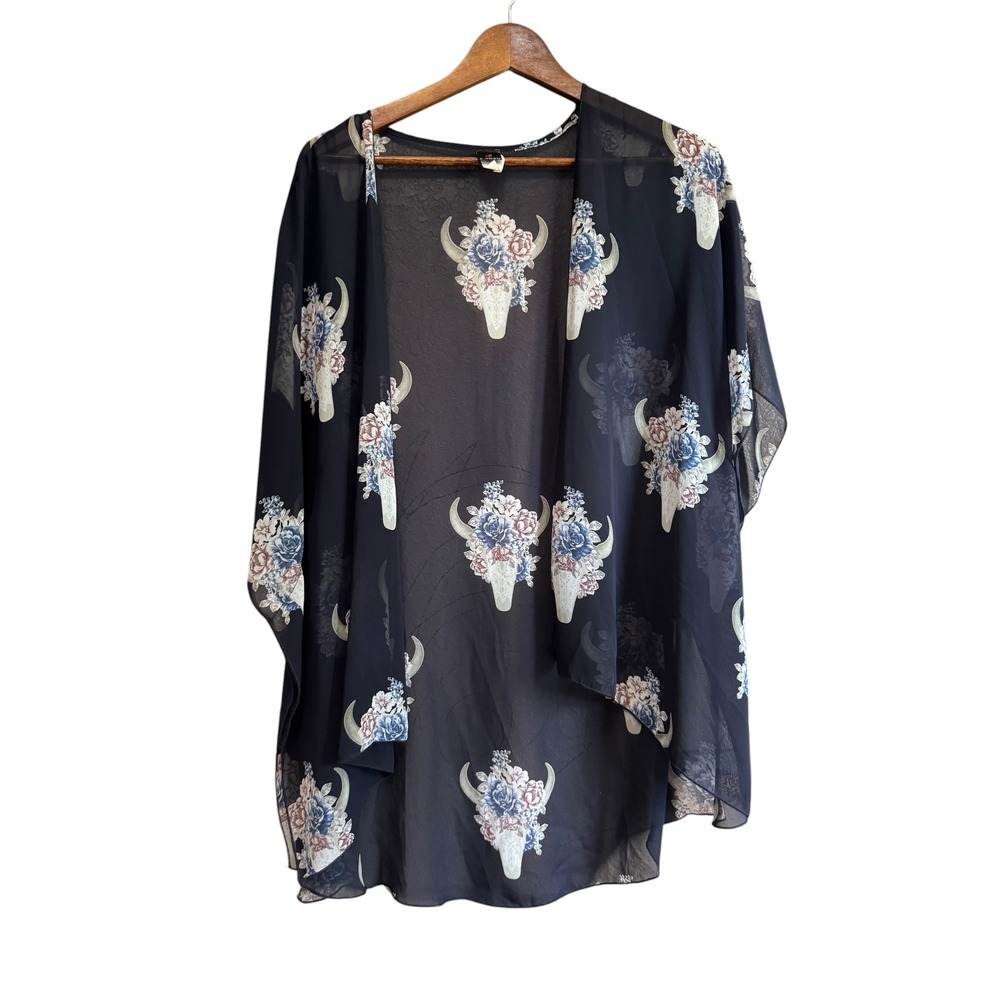 I JOAH Kimono Wrap Women OS Black Excellent Bull Skull Floral Sheer Boho Coverup